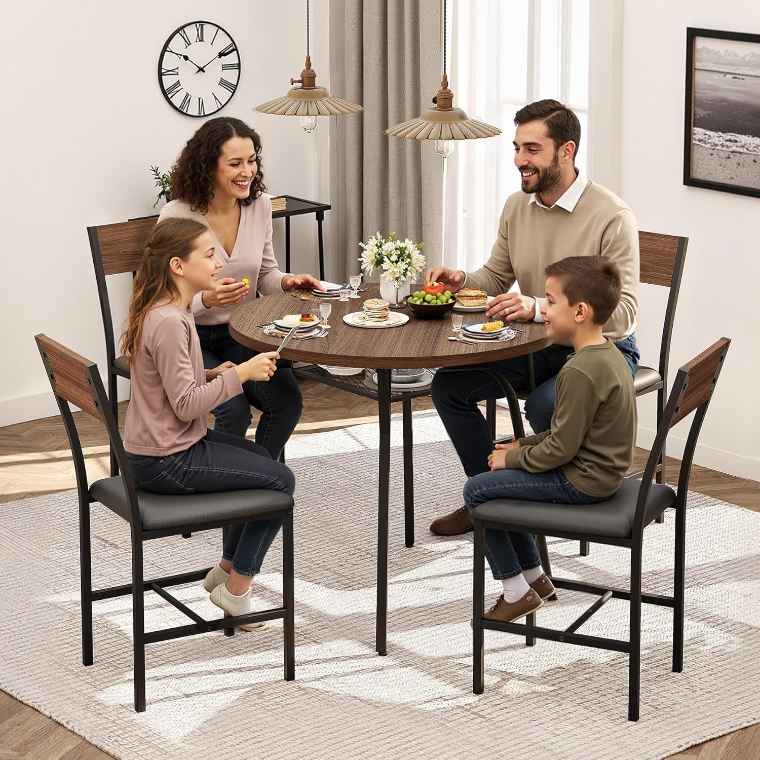 Round Dining Table Set For Four Walnut Wood Finish Metal