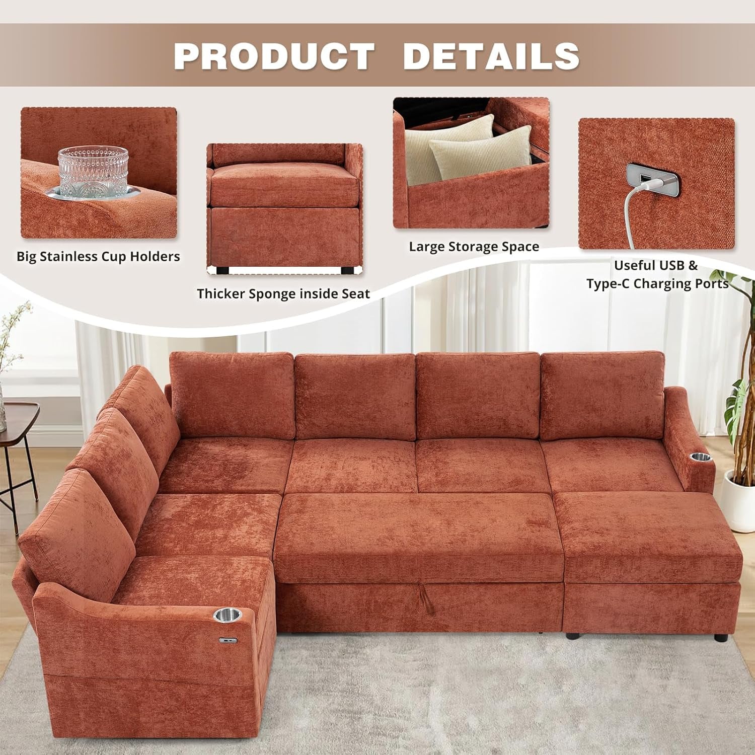116Inch Orange Chenille Fabric Modular Sleeper Sofa USB