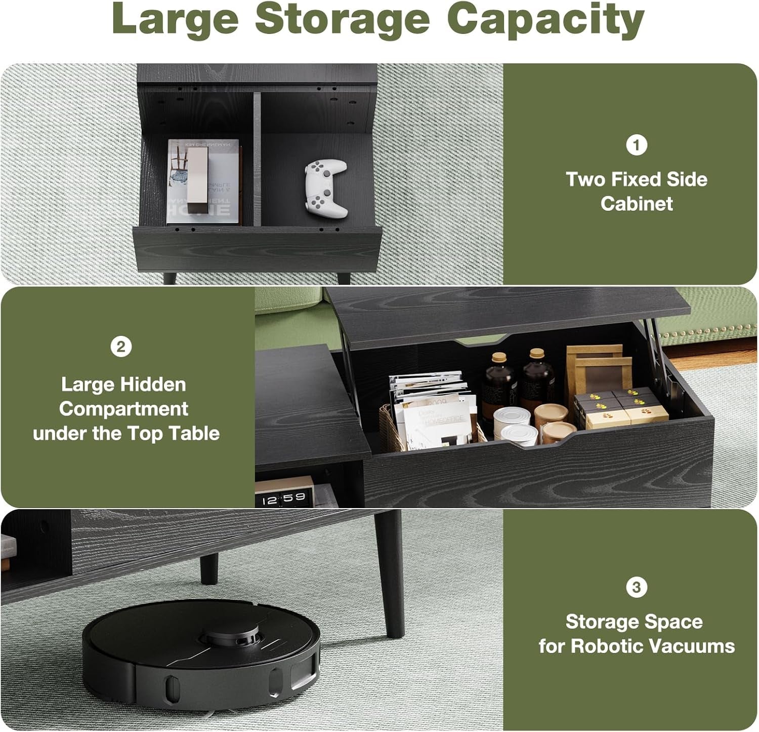 Black Wood Lift Top Coffee Table With Hidden Compartment