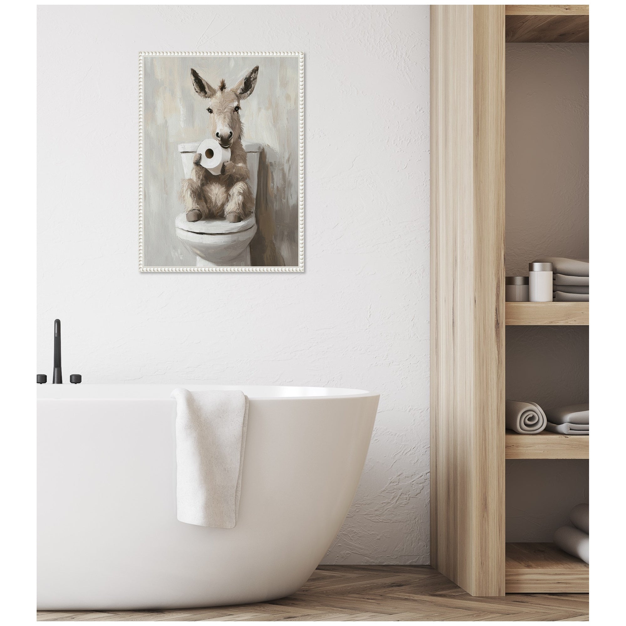 Sylvie Cute Donkey Holding Toilet Paper Roll Toilet Bathroom Art Framed Canvas by The Creative Bunch Studio