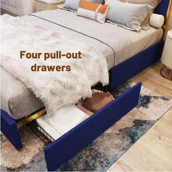 Queen Size Bed Frame &amp; 59.06" Headboard, Upholstered Bed with Gold Plating Trim, Modern Platform Bed Without Box, Navy Blue Queen Bed