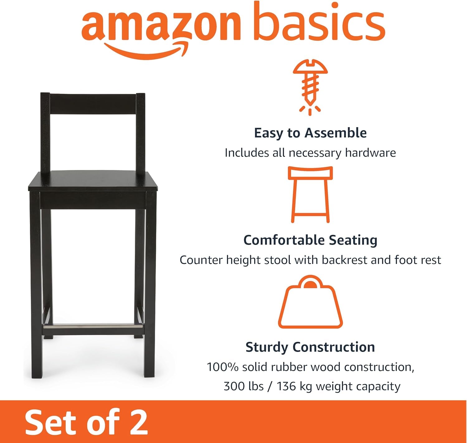 Black Wooden Bar Stools With Backrests Counter Height Set Of 2