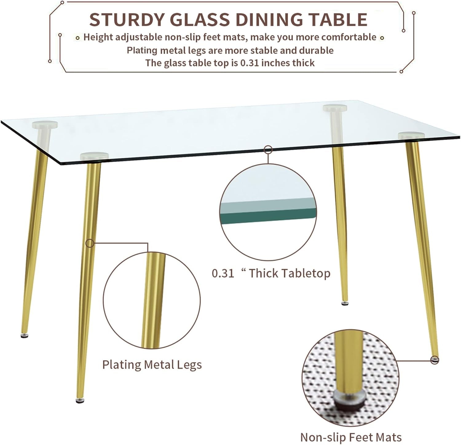 Glass Dining Table For 4 51 Inch Tempered Glass Gold Legs