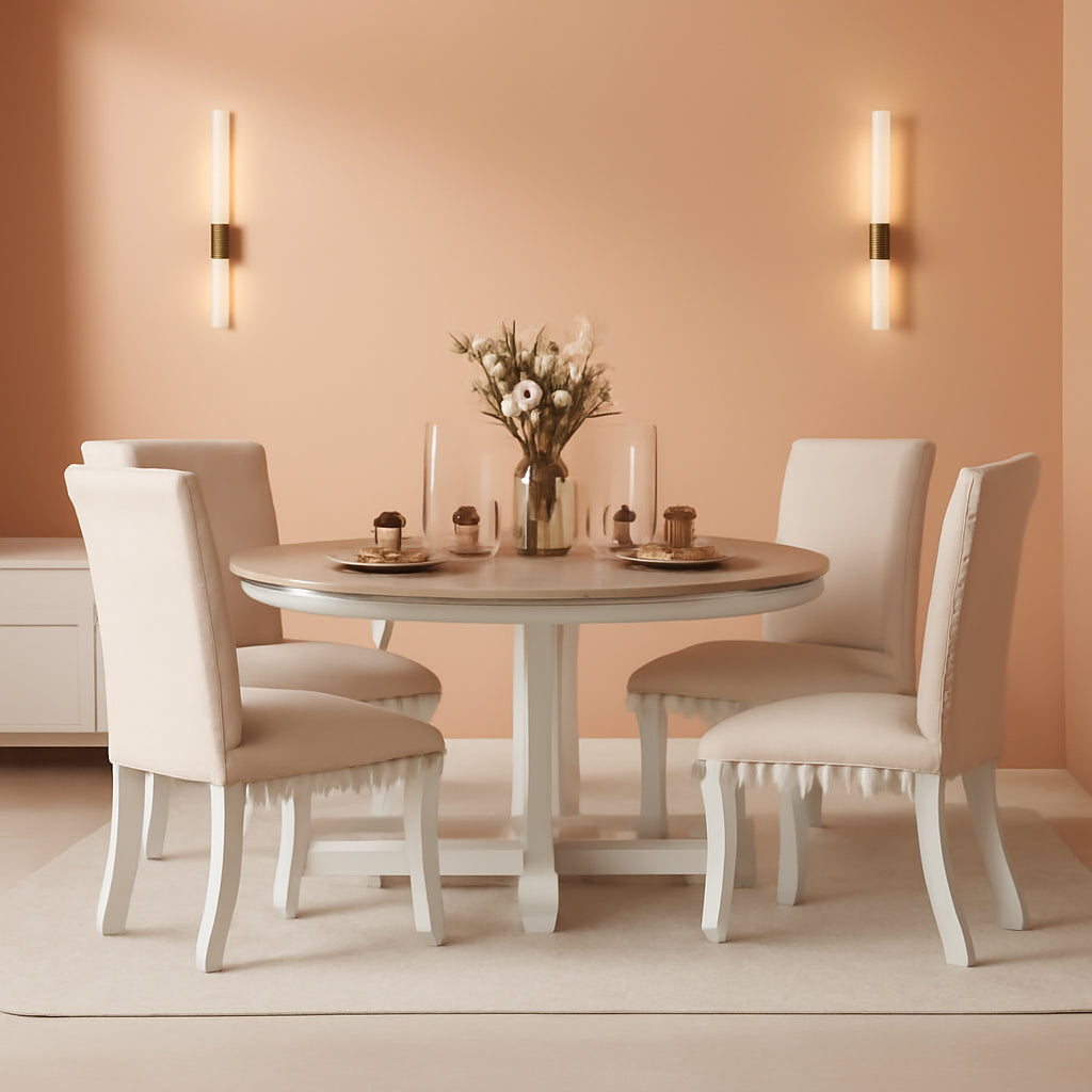 Farmhouse Round Extendable Dining Table Set Oak Finish with Upholstered Chairs