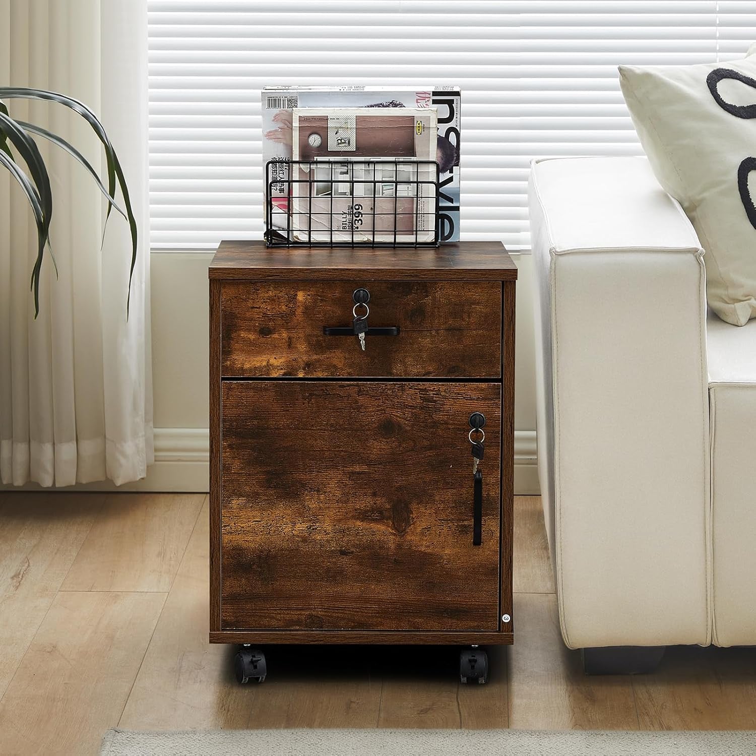 Mobile Lockable File Cabinet With Drawer Door Rustic Brown