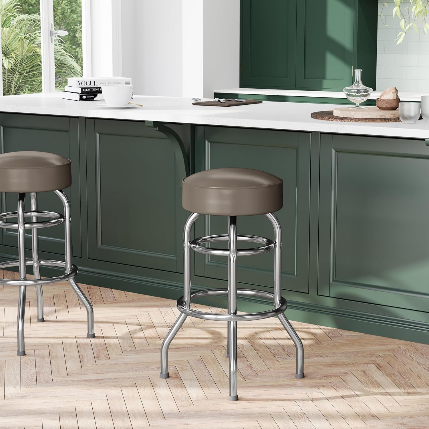 Bruno 2 Pack Chrome Bar Stools Beige Seats Swivel Set