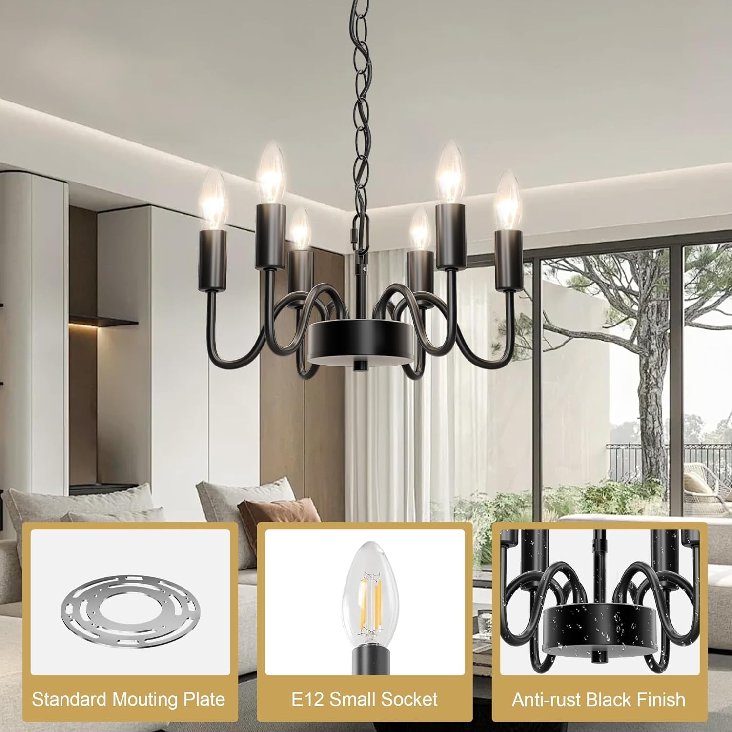 Black Industrial Farmhouse Chandelier With Adjustable Rope-4