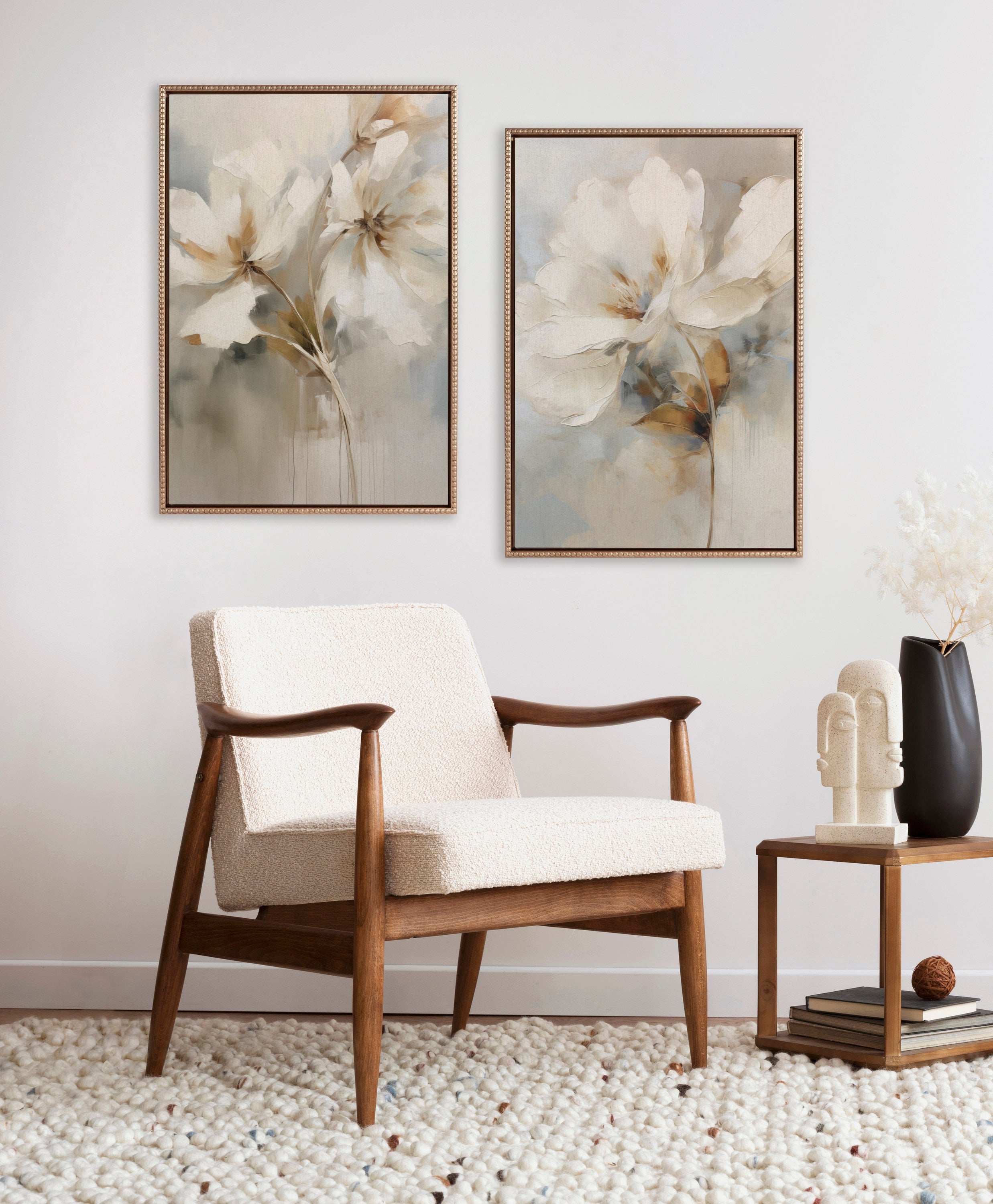 Sylvie Beaded Abstract Botanical Floral Linen Painting 1 and 2 Framed Canvas Art Set by The Creative Bunch Studio