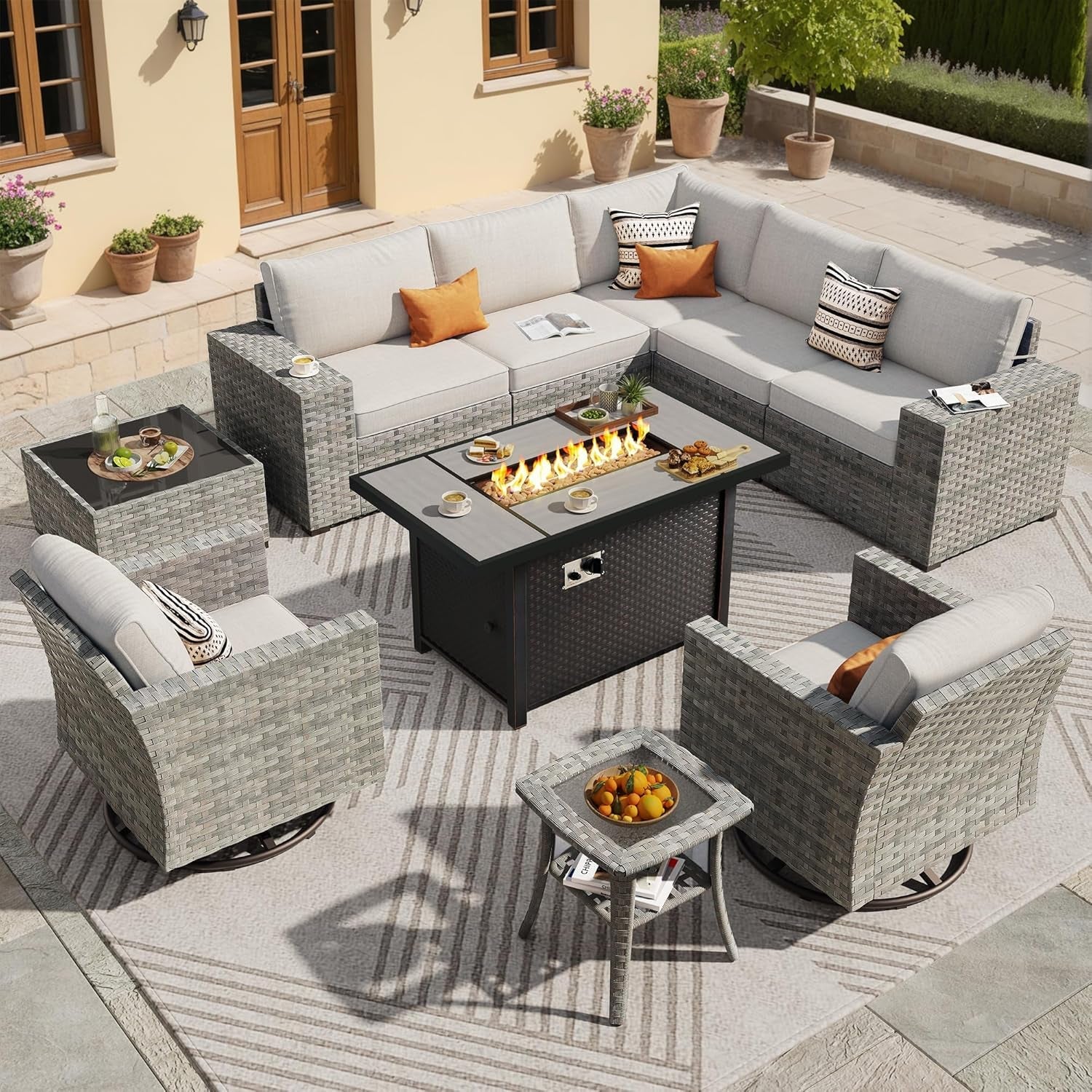 10 Piece Outdoor Wicker Sectional Sofa Set with Fire Pit