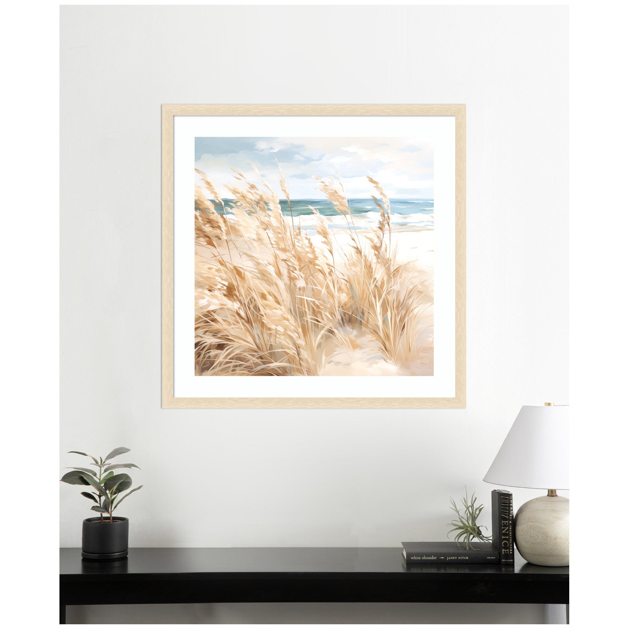 Framed Art Beige Beach Grass Near Traquil Beach by The Creative Bunch Studio