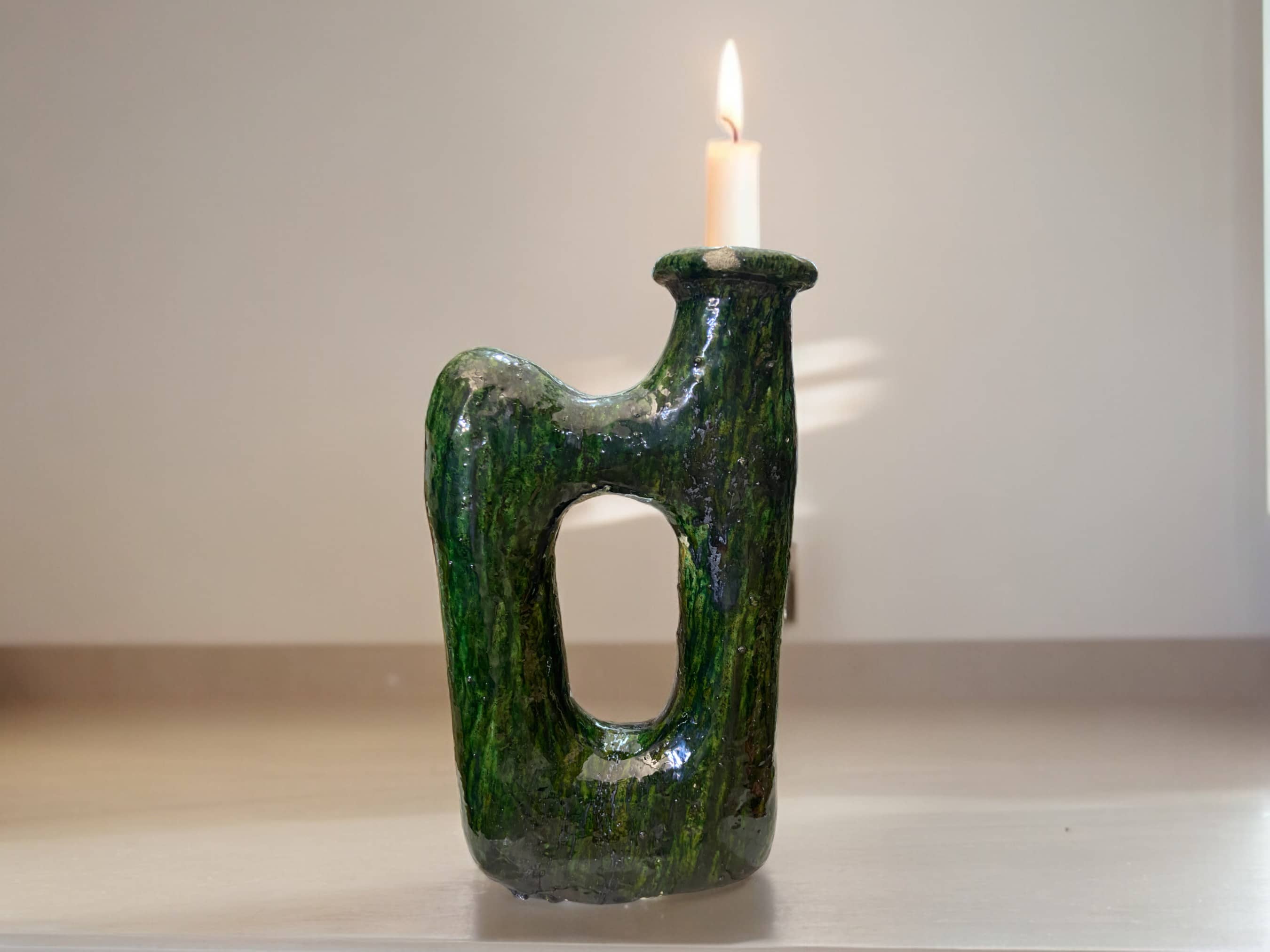 Handcrafted Moroccan Green Glazed Tamegroute Picasso Candlestick Sculpture-0