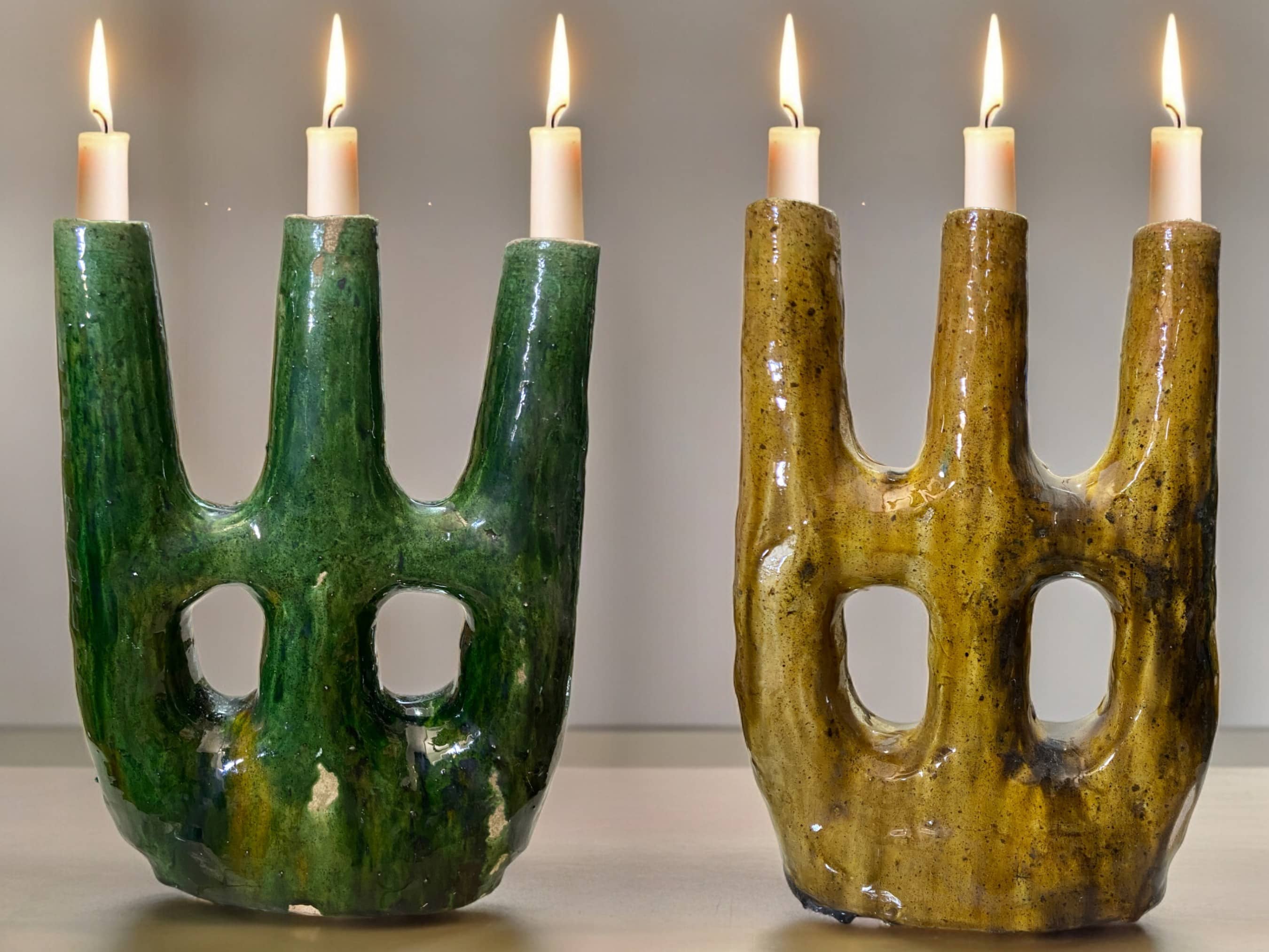 Handcrafted Moroccan Tamegroute Abstract Green & Ochre Picasso Sculpture Triple Candlestick Holder-0