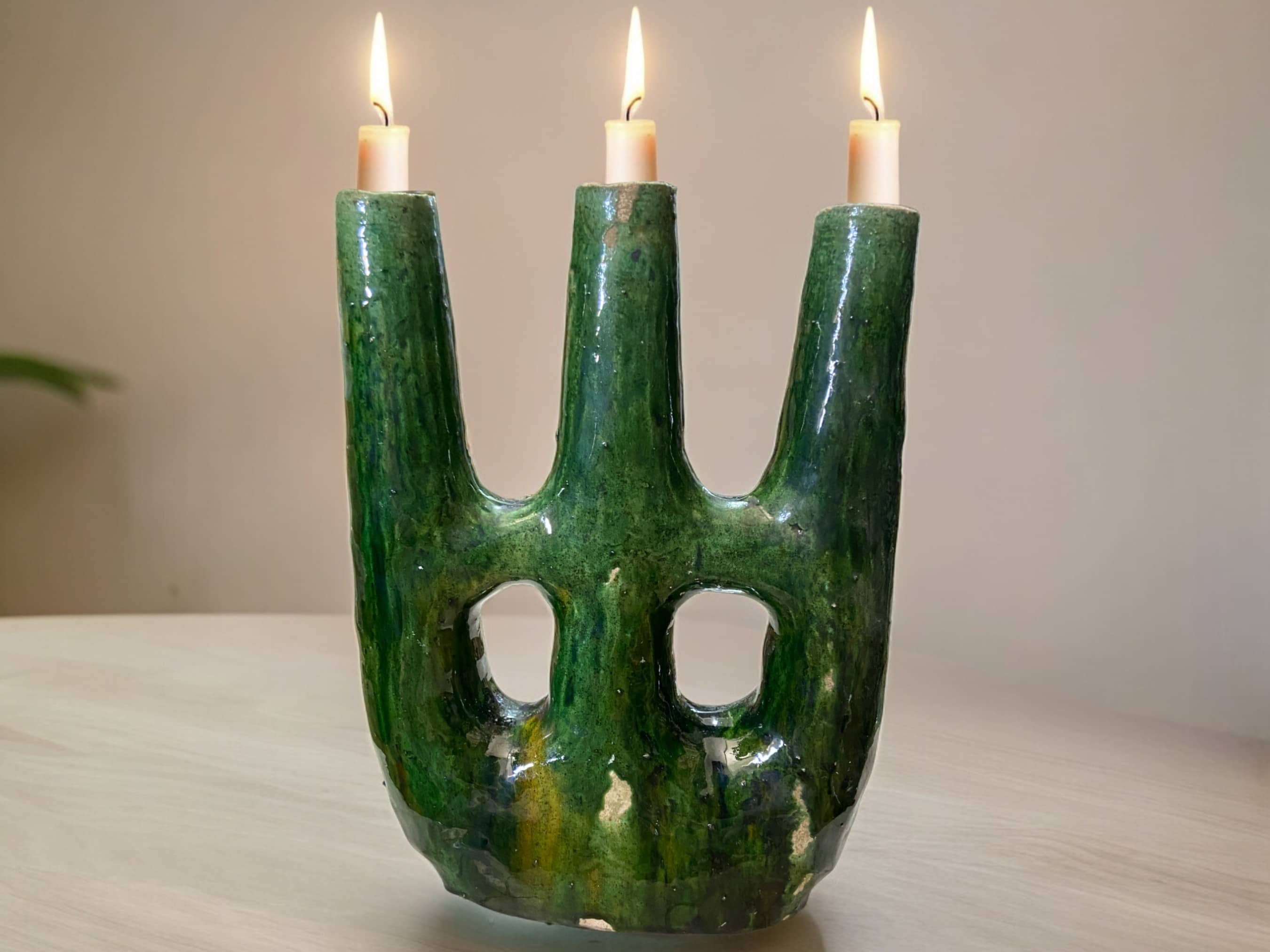 Handcrafted Moroccan Tamegroute Abstract Green & Ochre Picasso Sculpture Triple Candlestick Holder-2