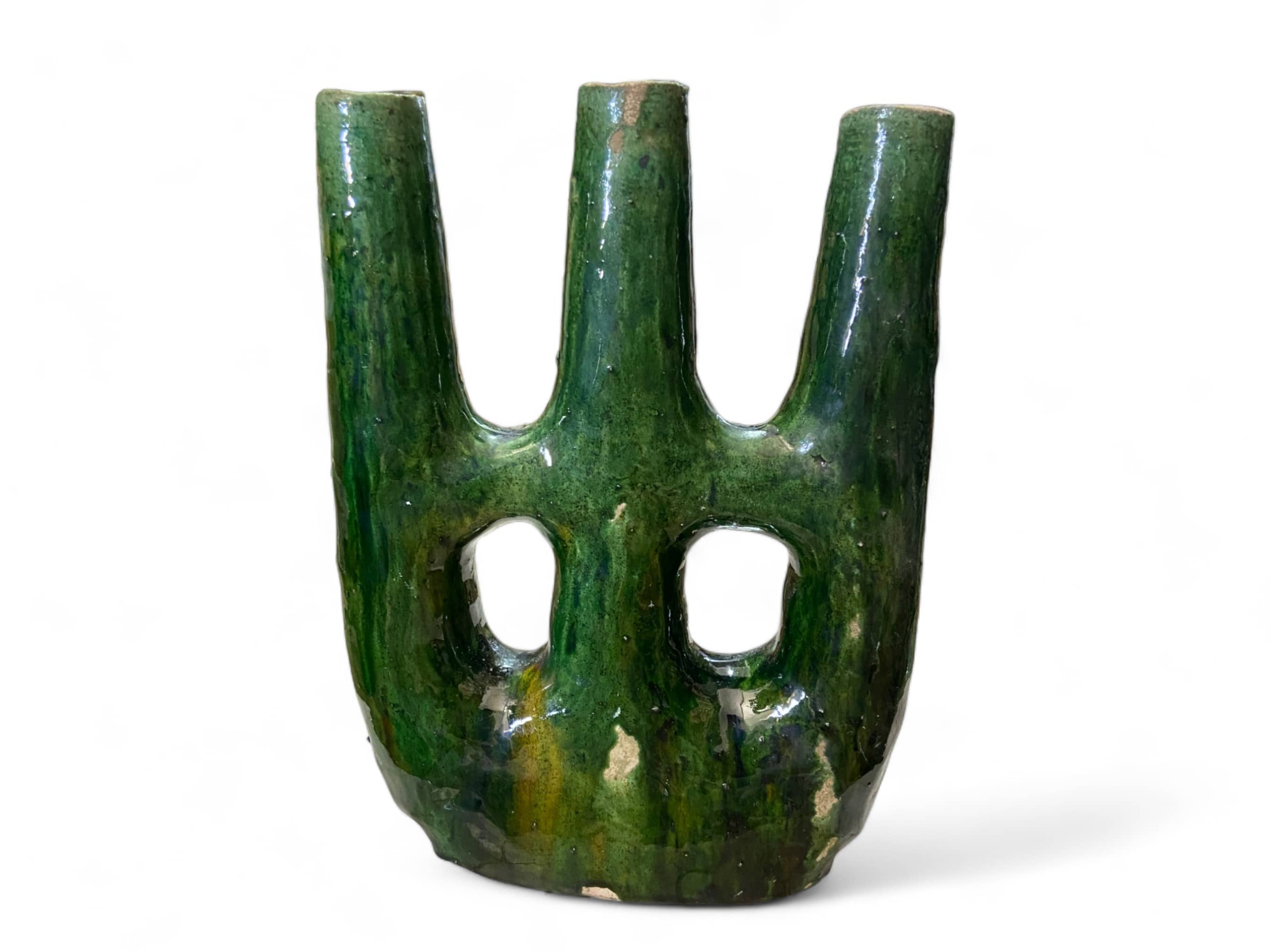 Handcrafted Moroccan Tamegroute Abstract Green & Ochre Picasso Sculpture Triple Candlestick Holder-3