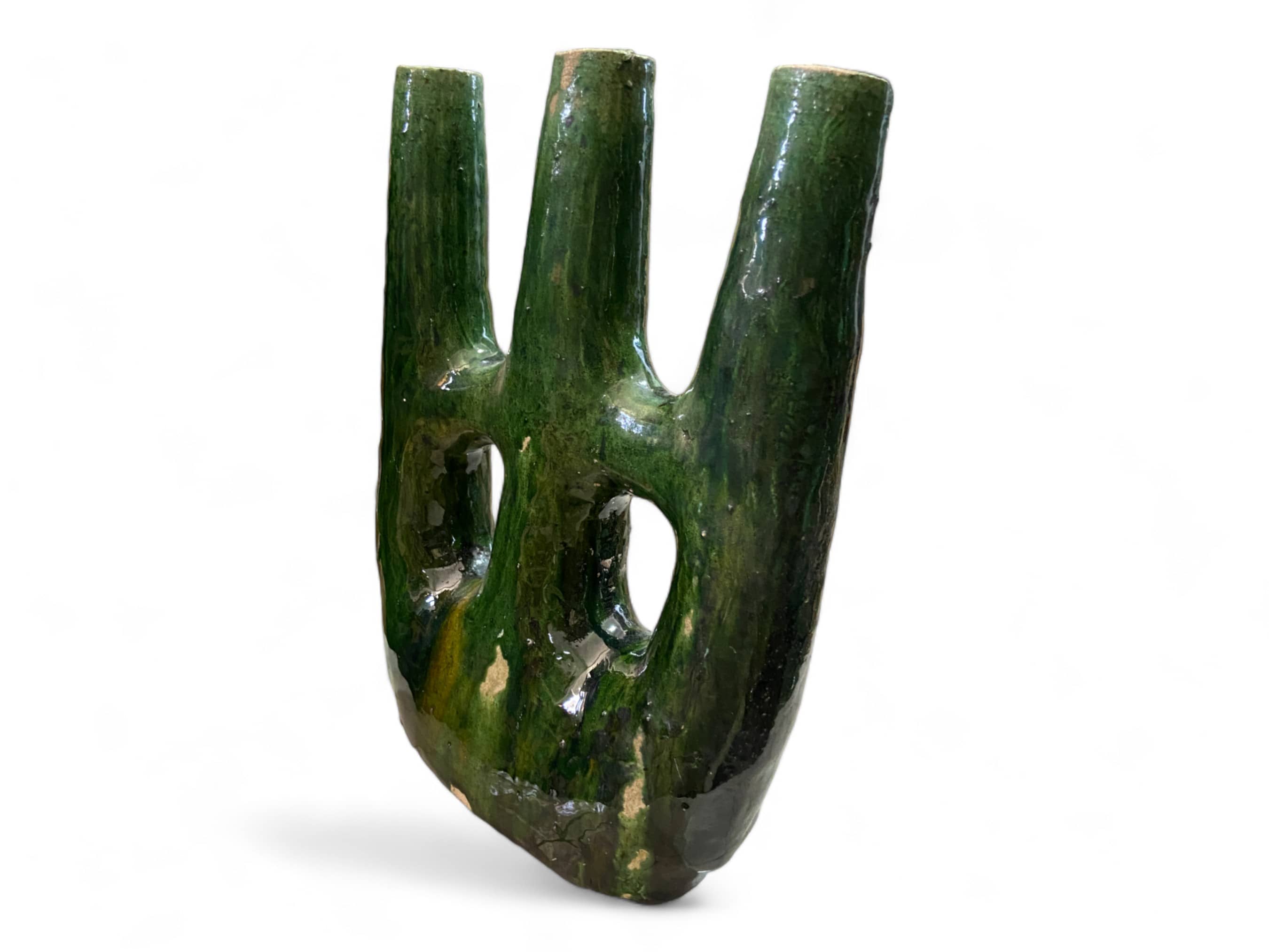 Handcrafted Moroccan Tamegroute Abstract Green & Ochre Picasso Sculpture Triple Candlestick Holder-4