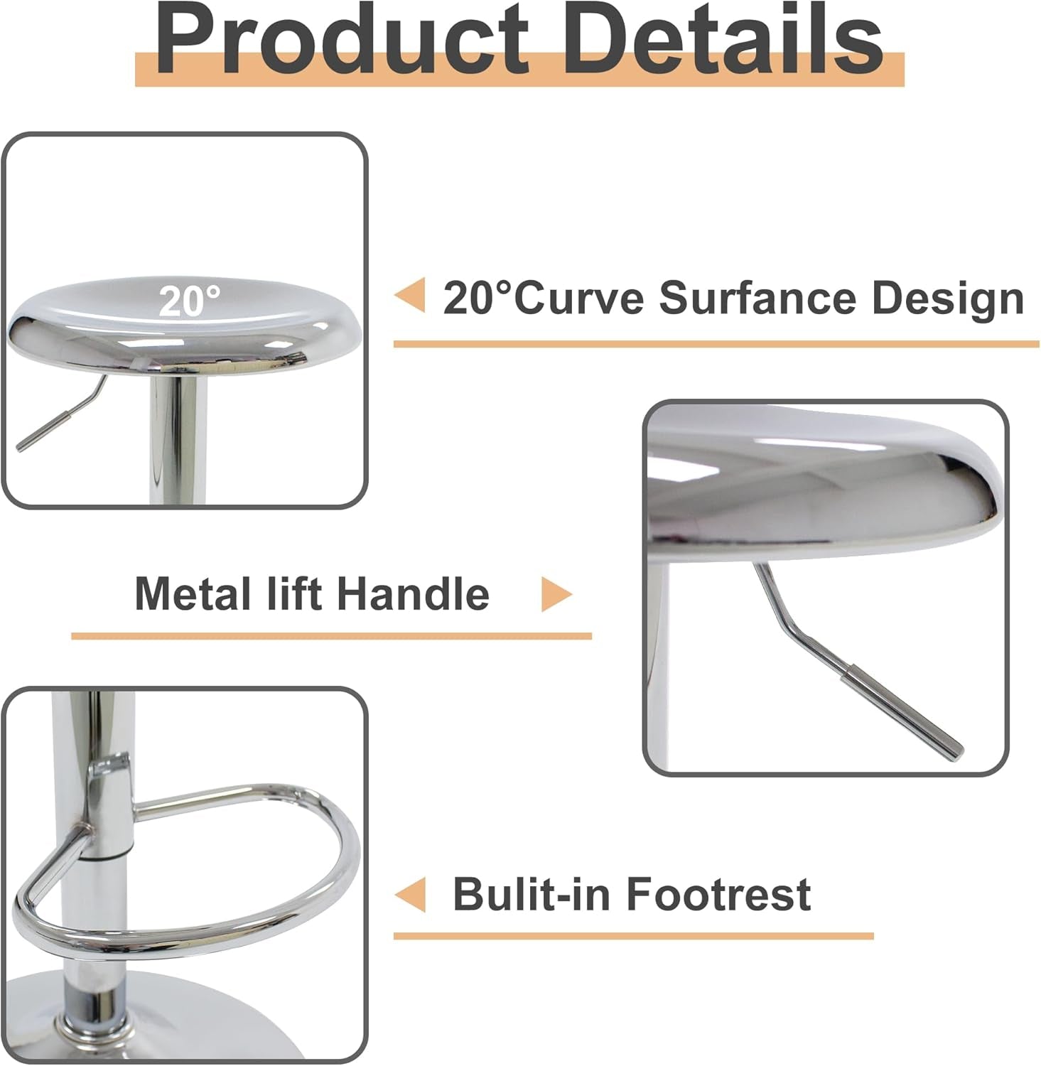 Set Of 2 Adjustable Chrome Bar Stools With 360 Degree Swivel