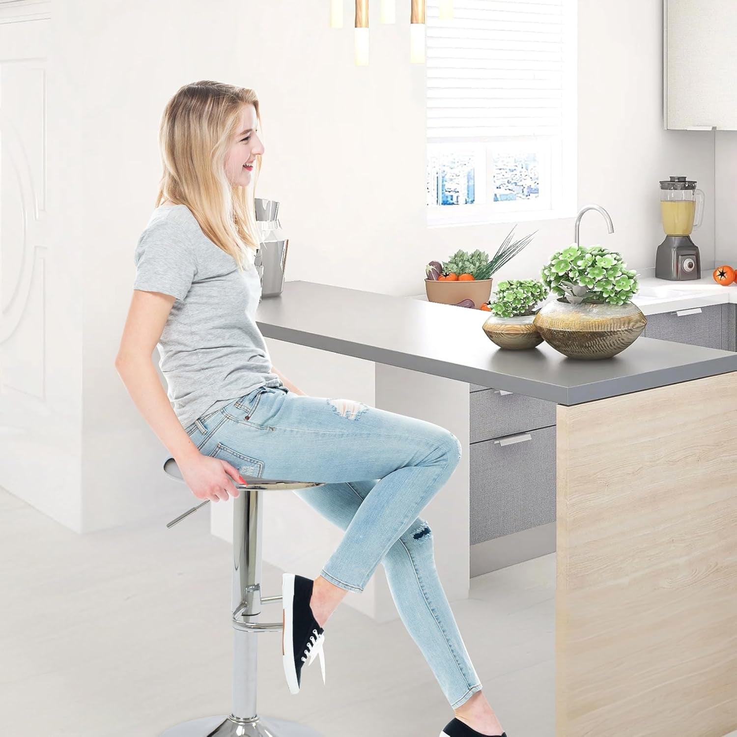 Set Of 2 Adjustable Chrome Bar Stools With 360 Degree Swivel