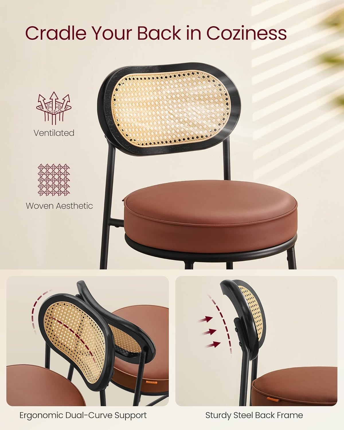 Caramel Brown Leather Bar Stools Set Of 2 25.1 Inch Tall