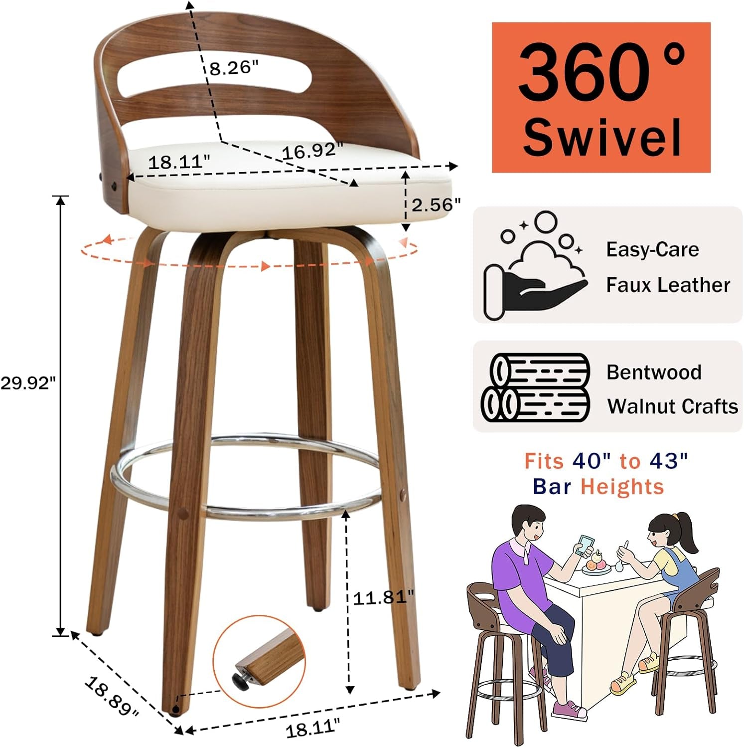 Bar Stools Set of 3 Swivel 30 Inch Beige Faux Leather