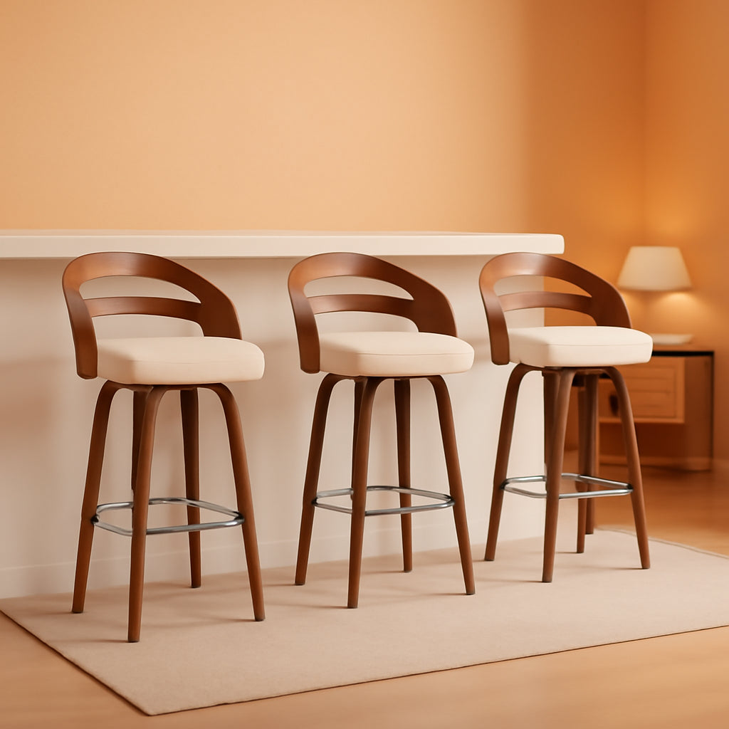 Bar Stools Set of 3 Swivel 30 Inch Beige Faux Leather