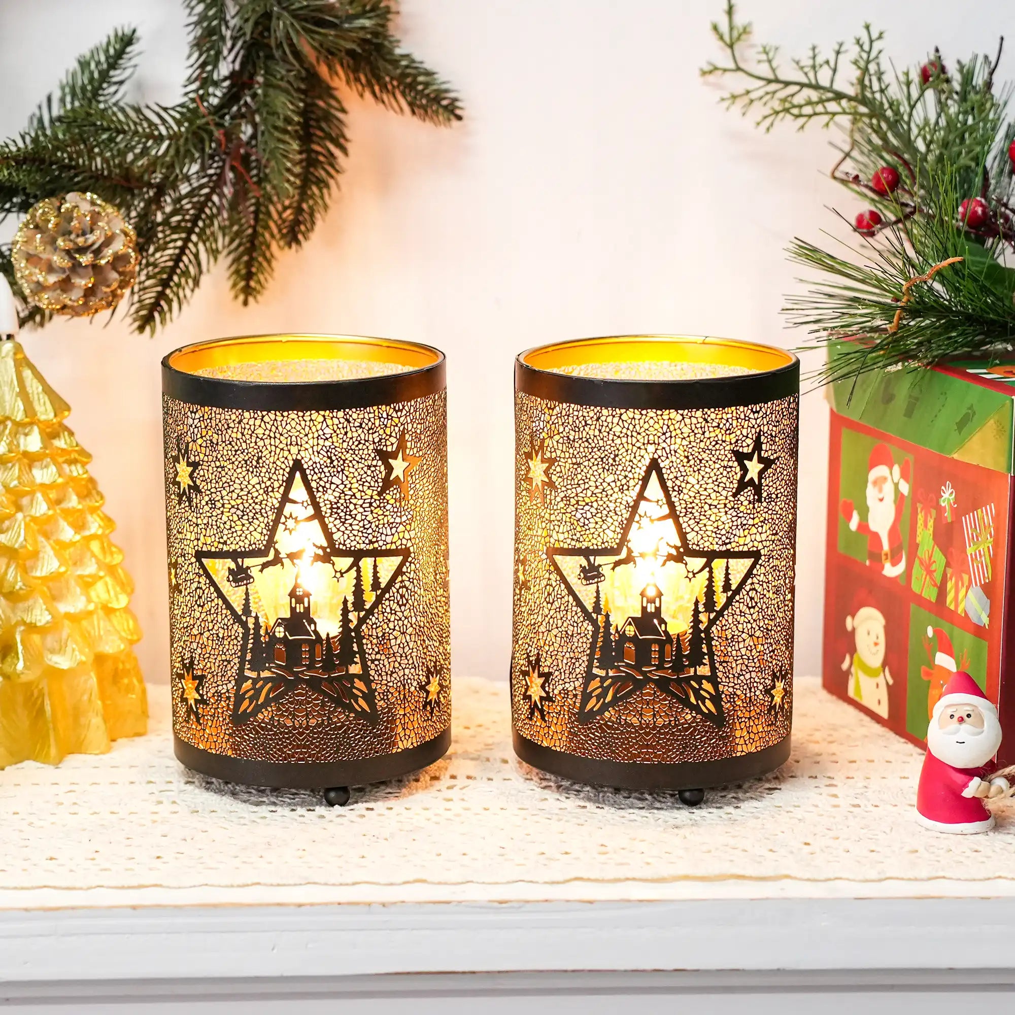 6.5" H Etched Metal Table Lamp Christmas Battery Operated Lamp-1