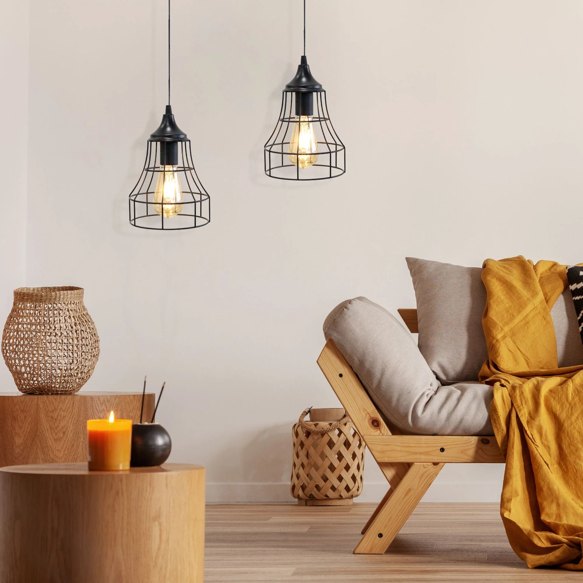 Set of 2 Metal Cage Hanging Lamps-3