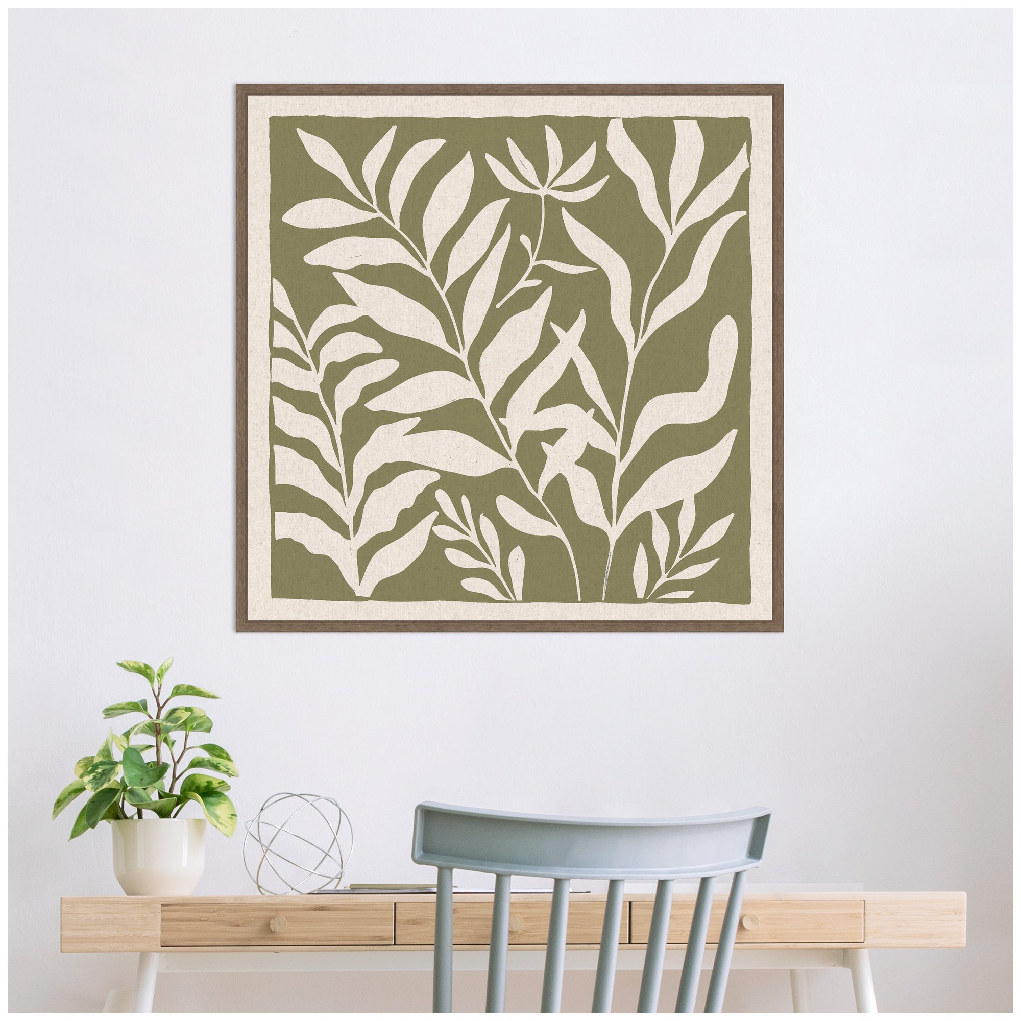 Sylvie Modern Minimalist Botanical Green and Neutral Linen Framed Canvas by The Creative Bunch Studio