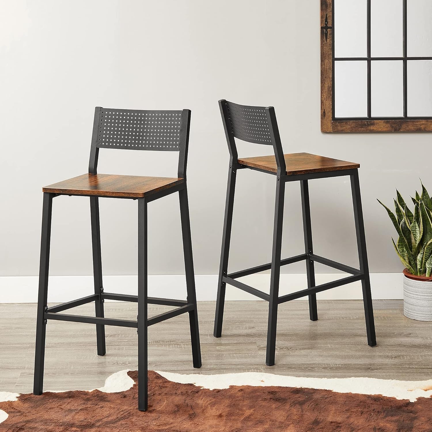 Rustic Industrial Bar Stools Set Of 2 With Backrest Brown And Black