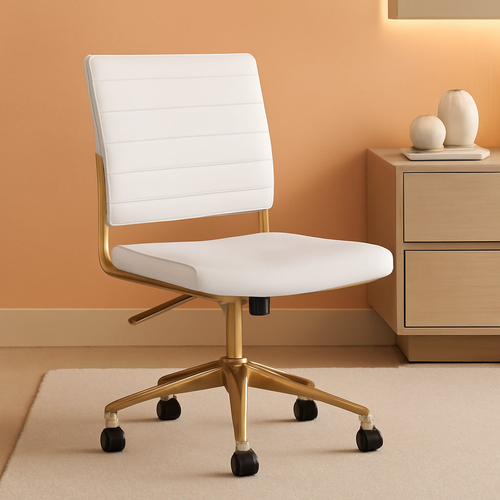 White Faux Leather Armless Swivel Chair Brass Frame