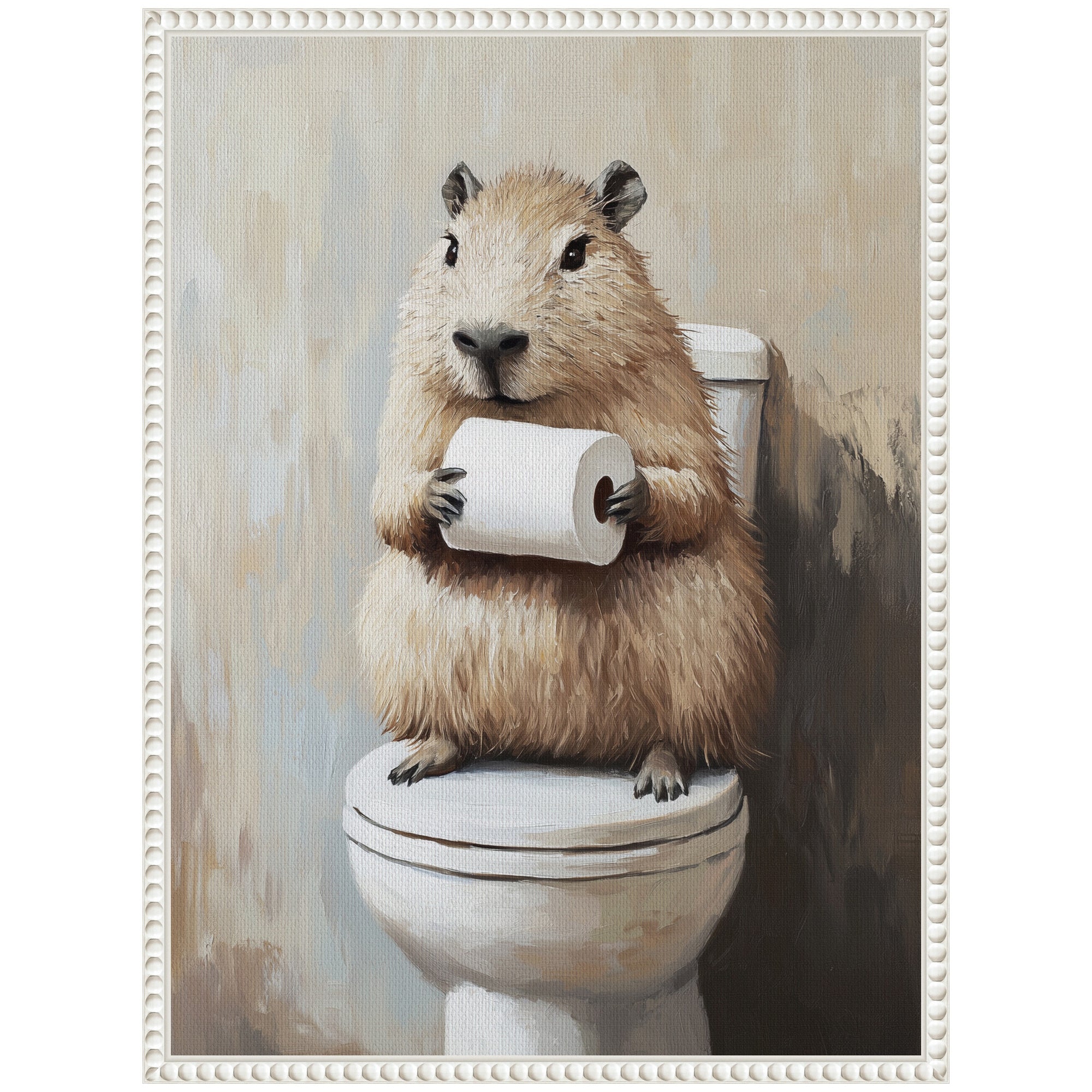 Sylvie Capybara Angled Holding Toilet Paper Roll Toilet Bathroom Art Framed Canvas by The Creative Bunch Studio