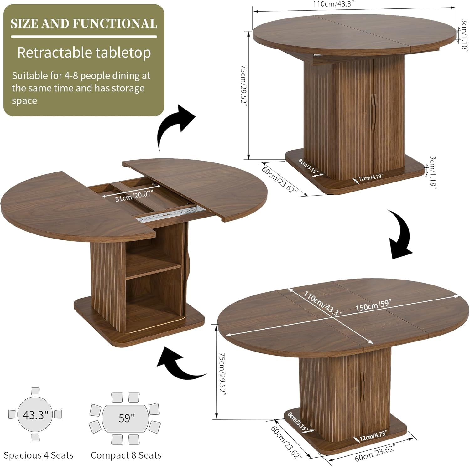 Extendable Round Dining Table 59 Inch Walnut Modern