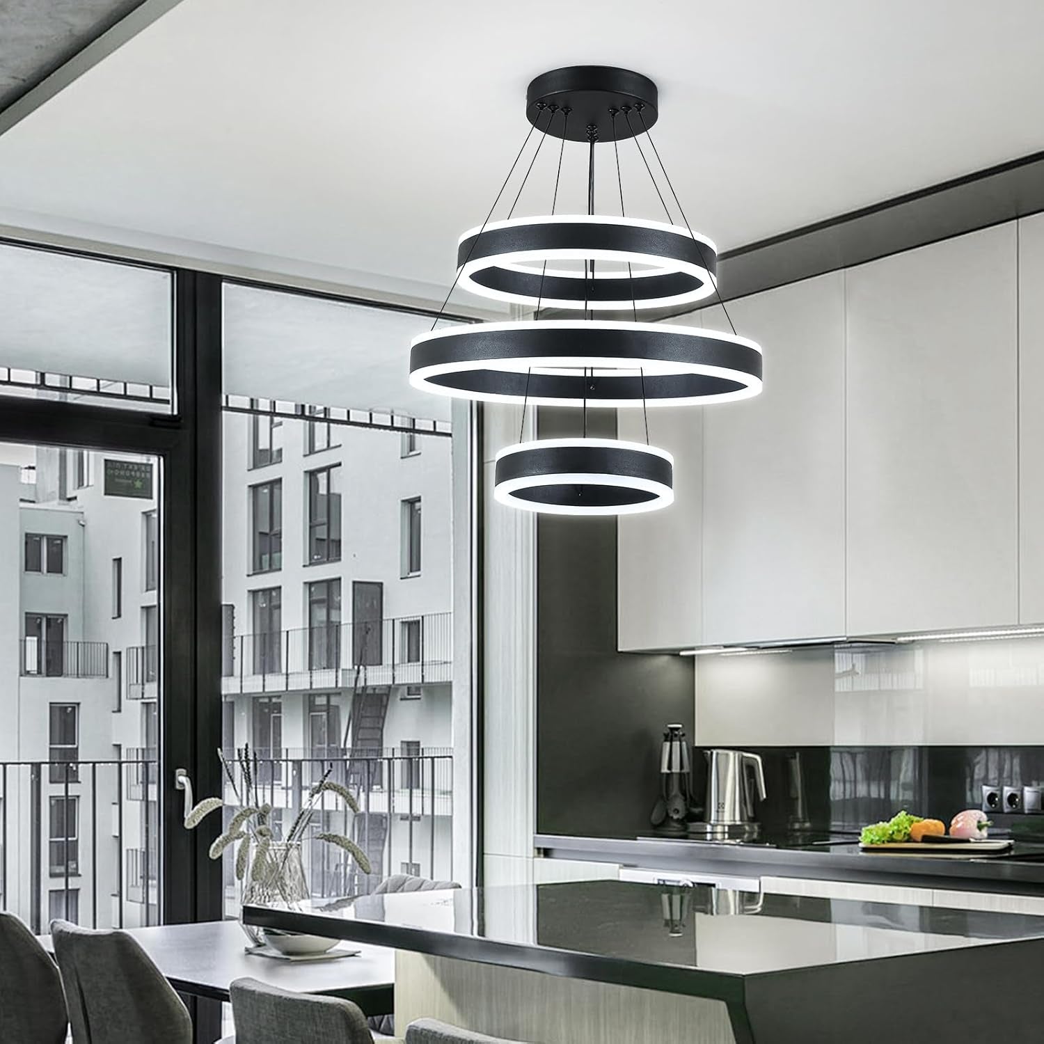 Black Adjustable LED Three Ring Pendant Light Fixture-1