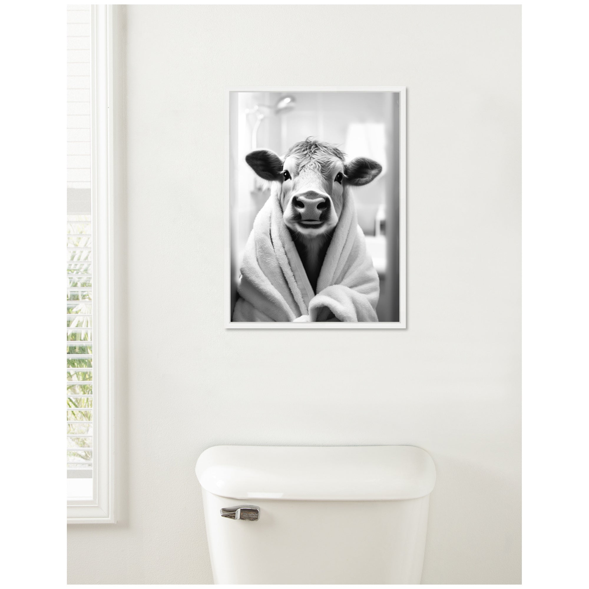 Sylvie Cow Bathroom Art Towel Robe Black and White Framed Canvas by The Creative Bunch Studio