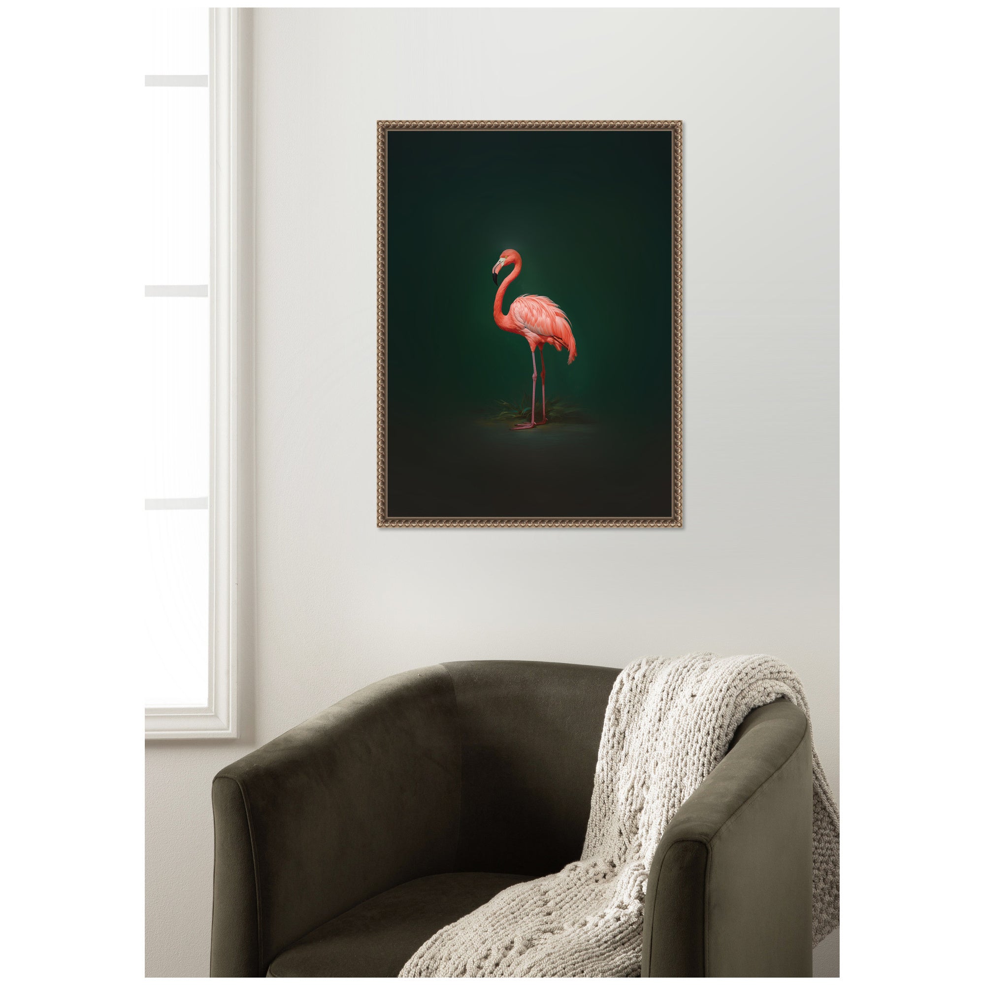 Flamingo Side View Rich Green Backdrop by The Creative Bunch Studio Framed Canvas Wall Art Print