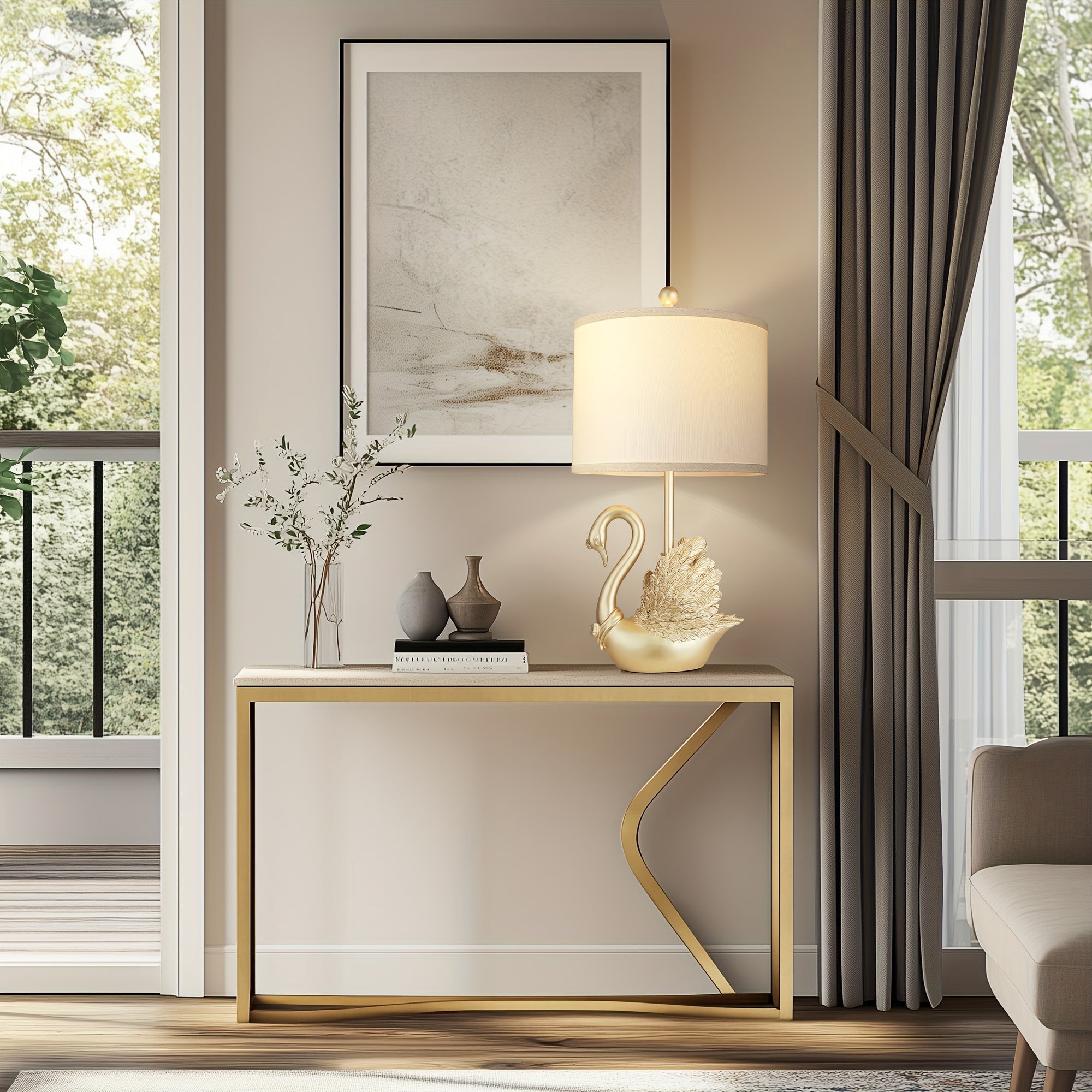 Two-Piece Set of Golden Brass Swan Table Lamps with LED Bulbs