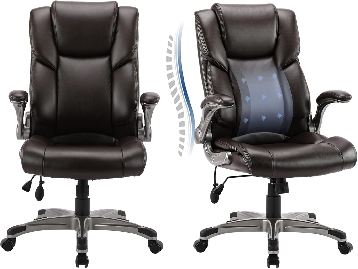 Two Brown Leather Executive Office Chairs Set With Adjustable Rolling
