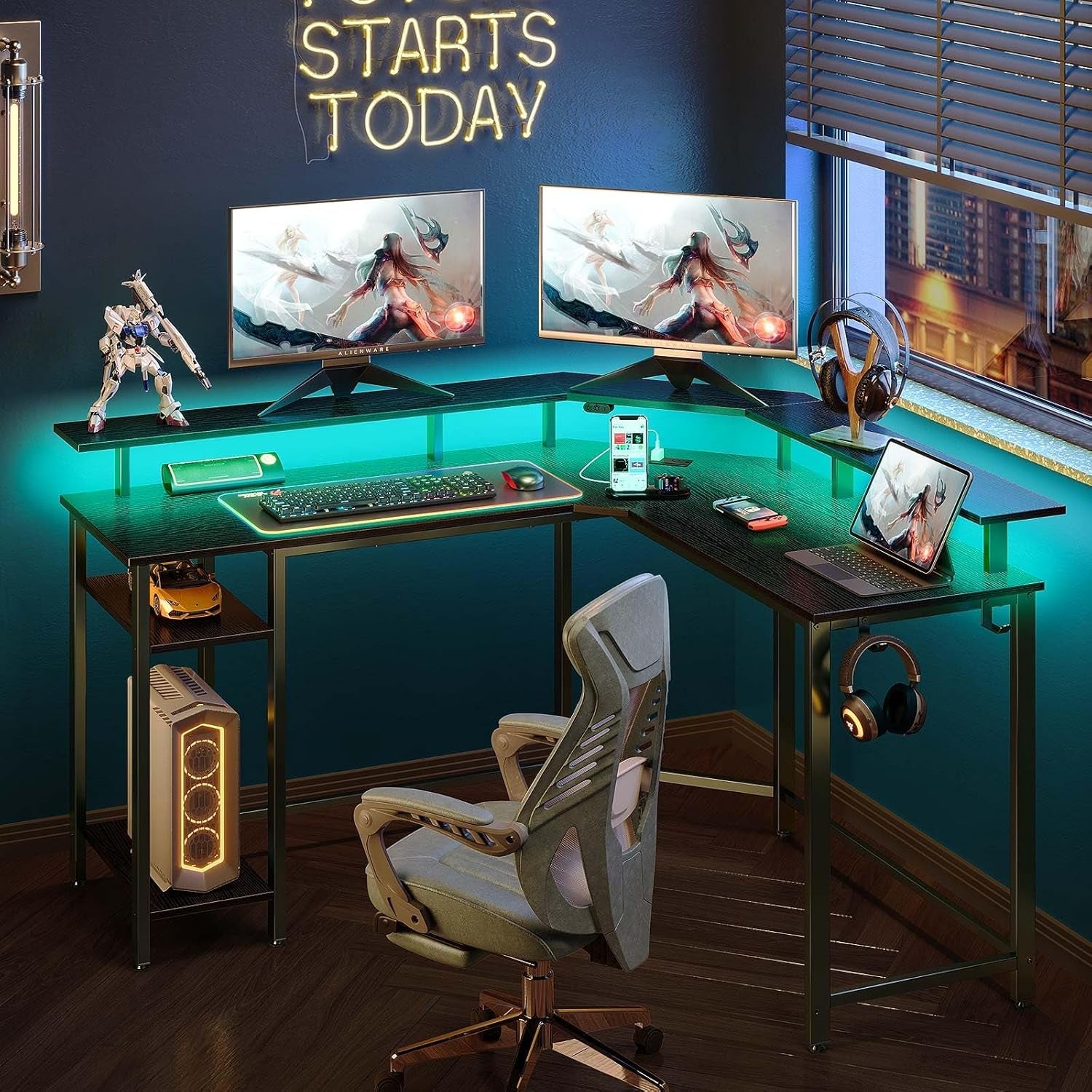L Shaped Gaming Desk 46 Inch With LED Lights And Power Outlets