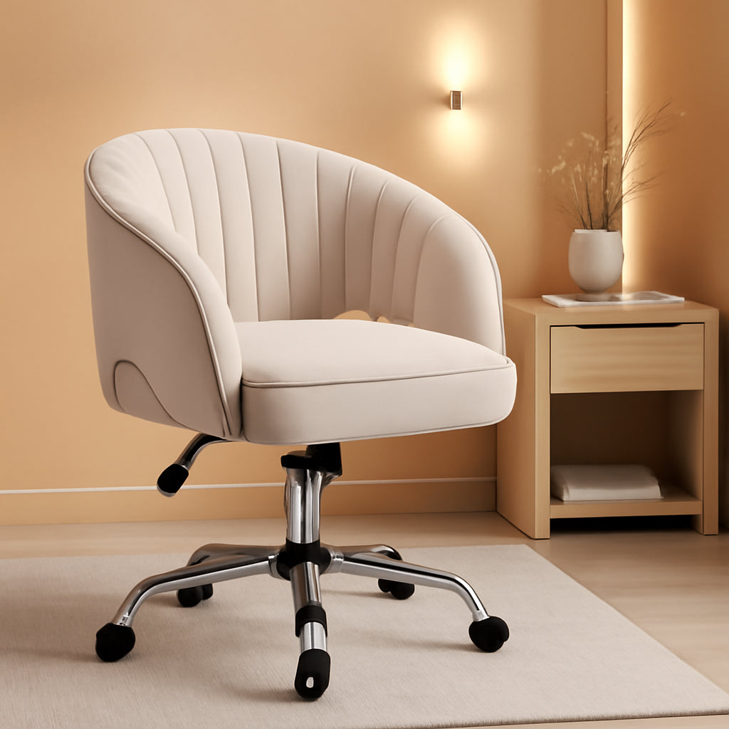 Cream Velvet Swivel Desk Chair With Wheels Tufted Back