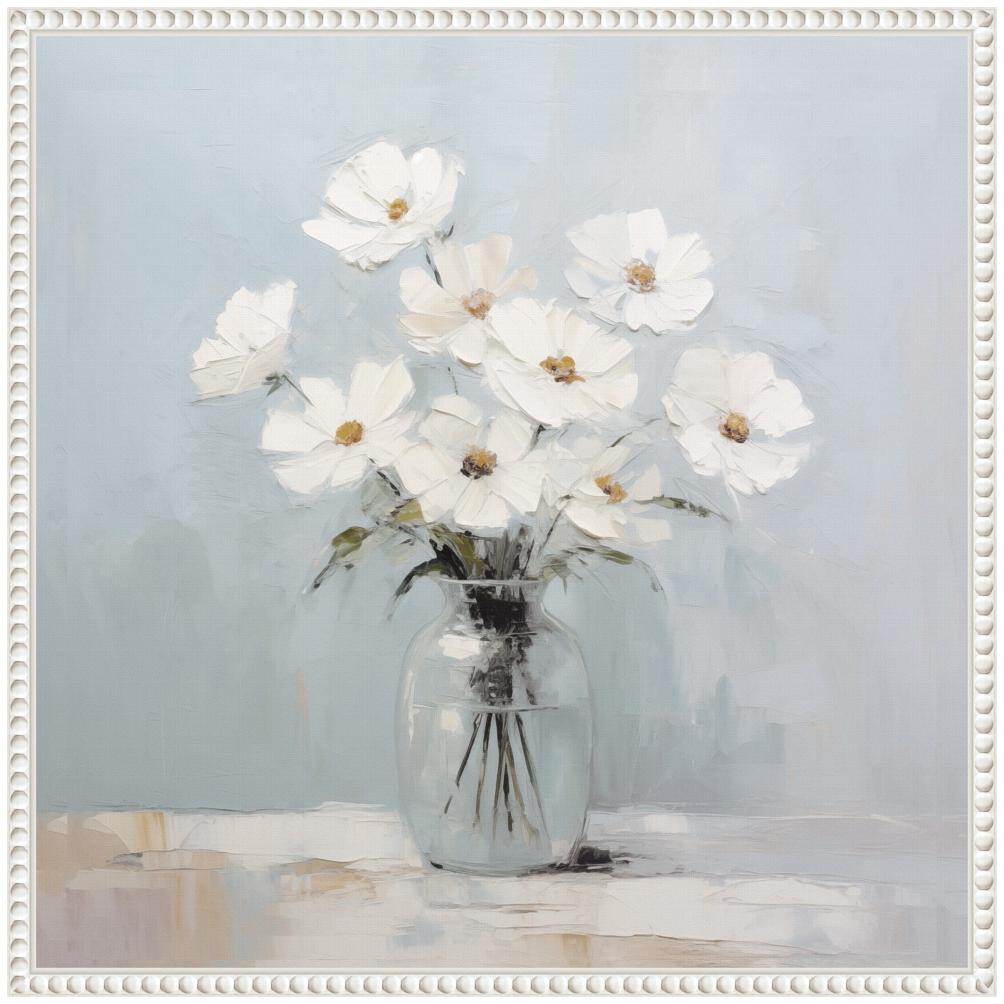 Sylvie White Daisies in a Jar on French Cottage Blue Framed Canvas by The Creative Bunch Studio