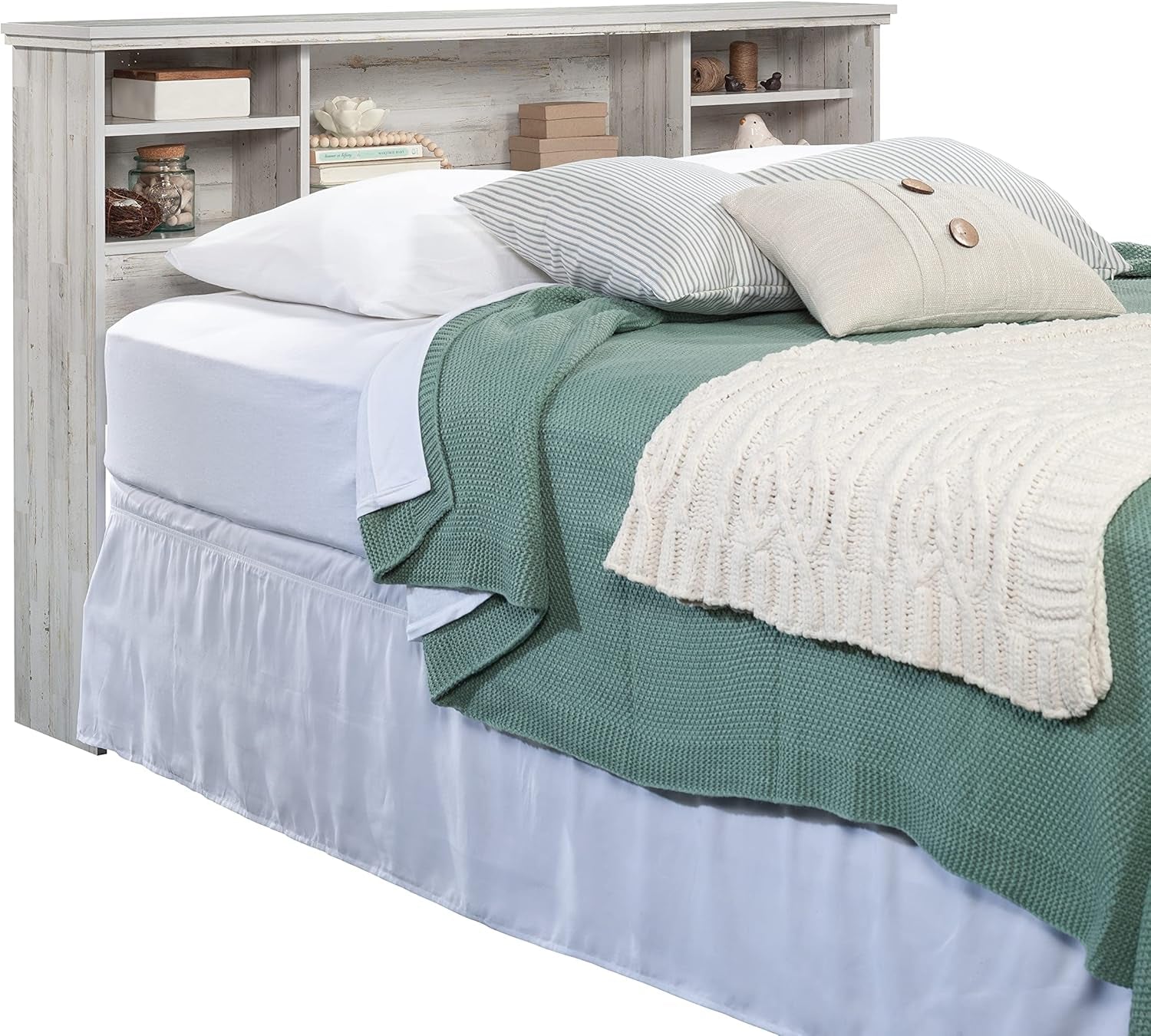 Versatile White Plank Headboard with Adjustable Storage Shelves