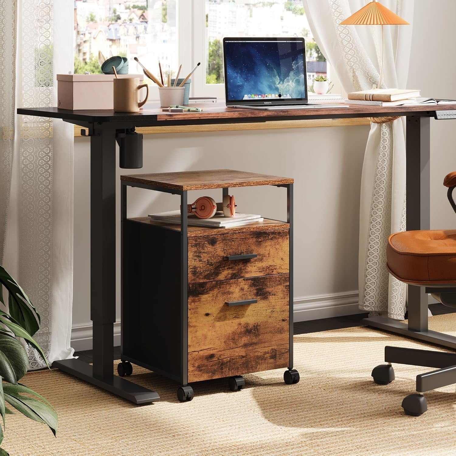 2 Drawer File Cabinet With Mobile Printer Stand Rustic Brown Wood Storage For A4 Or Letter Size Home Office