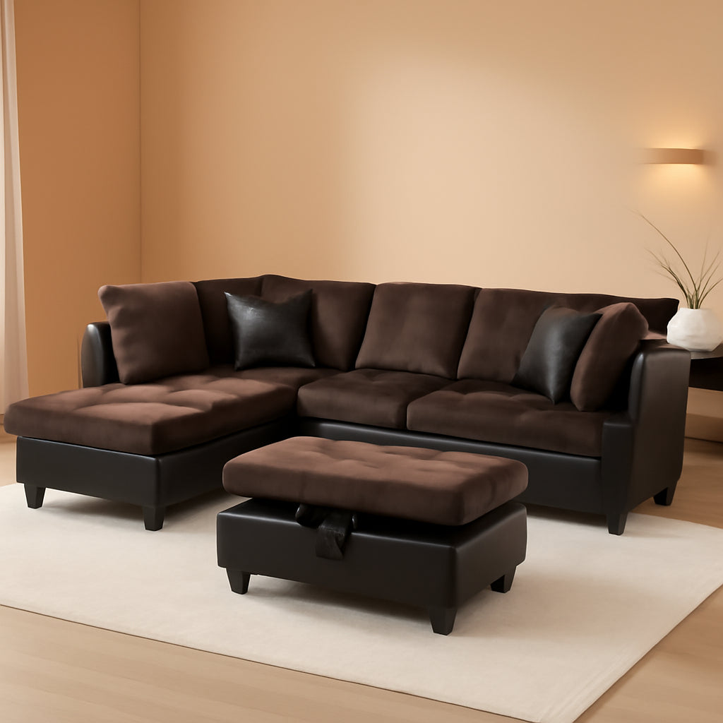 3-Piece Contemporary Sectional Sofa With Chaise And Storage Ottoman Chocolate