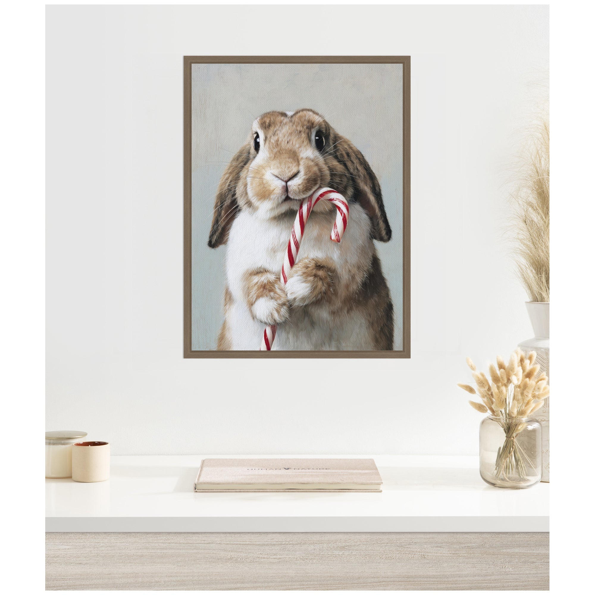 Sylvie Framed Canvas Cute Bunny Candy Cane by The Creative Bunch Studio