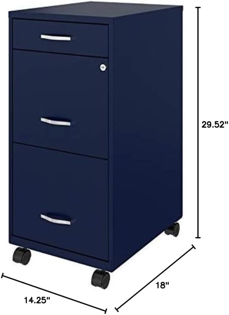18 Inch Deep 3 Drawer Mobile Metal File Cabinet Navy With Cam Lock For Office Organization