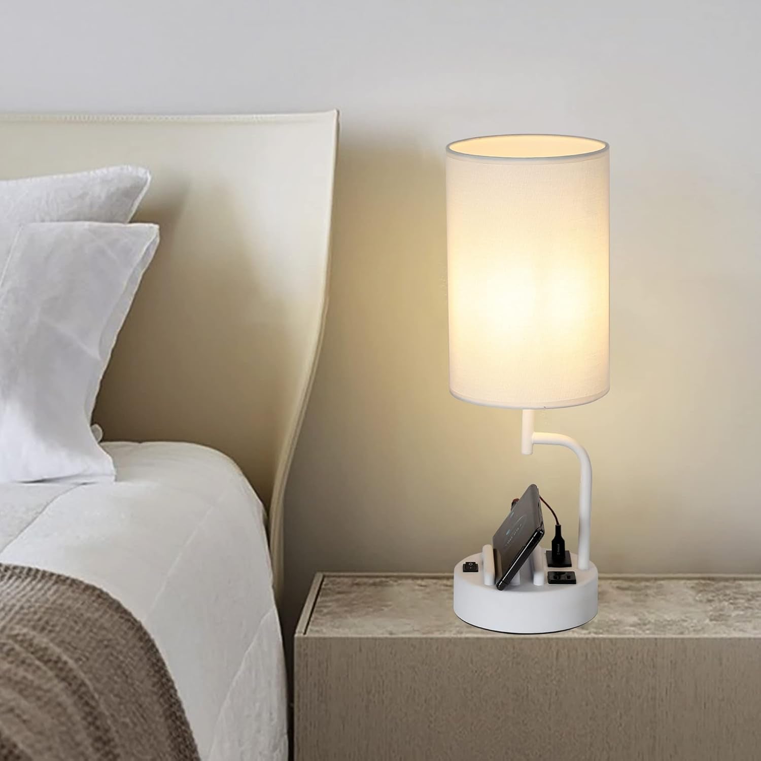 Table Lamp With 3 USB Ports White Finish For Home Office