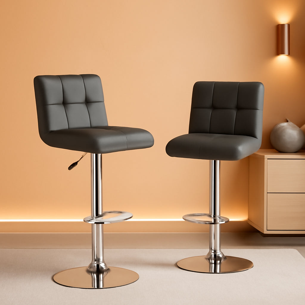Grey Adjustable Swivel Bar Stools Set of 2 With PU Leather