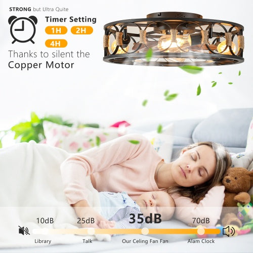 Cage Ceiling Fan With Light Remote Control, Low-profile Built-in Farmhouse Modern Ceiling Fan, 6 Speed Reversible Blades, Including 5 LED Bulbs Unavailable Platforms- Temu