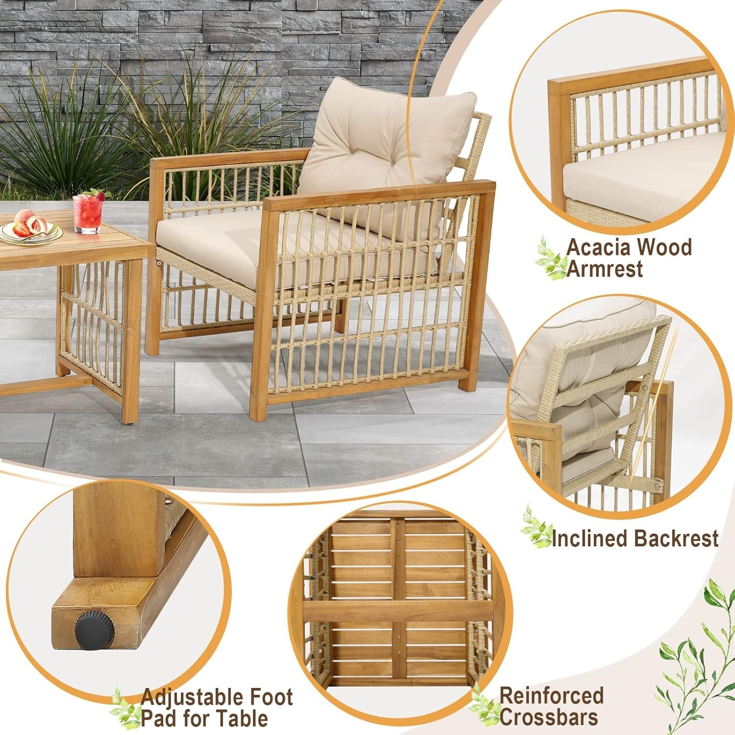 3 Piece Acacia Wood Patio Furniture Set With Beige PE Wicker Cushioned Chairs And Coffee Table