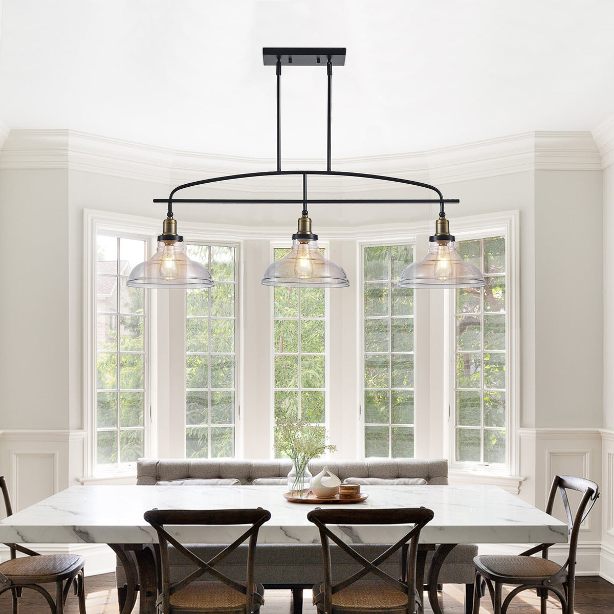 45" Industrial 3-Light Pendant Chandelier with Clear Glass Shades