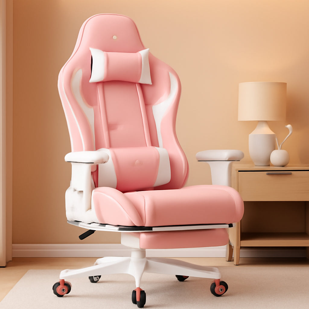 Pink Gaming Chair With Bluetooth Speakers And Footrest